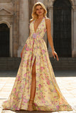 Yellow and Pink Flower V-Neck Princess Long Prom Dress with Slit