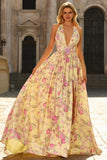 Yellow and Pink Flower V-Neck Princess Long Prom Dress with Slit