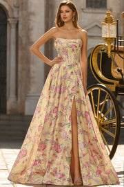 Yellow and Pink Flower Strapless A Line Long Corset Prom Dress with Slit