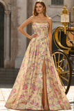 Yellow and Pink Floral Strapless Corset A Line Long Prom Dress with Slit