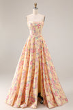 Yellow and Pink Floral Strapless Corset A Line Long Prom Dress with Slit