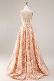Yellow and Pink Floral Strapless Corset A Line Long Prom Dress with Slit