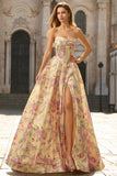 Yellow and Pink Floral Strapless Corset A Line Long Prom Dress with Slit