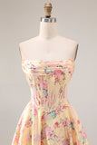 Yellow and Pink Floral Strapless Corset A Line Long Prom Dress with Slit