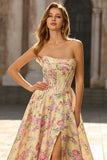 Yellow and Pink Flower Strapless A Line Long Corset Prom Dress with Slit