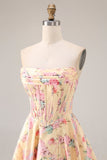 Yellow and Pink Floral Strapless Corset A Line Long Prom Dress with Slit