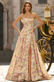 Yellow and Pink Flower Strapless A Line Long Corset Prom Dress with Slit