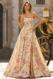 Yellow and Pink Floral Strapless Corset A Line Long Prom Dress with Slit