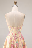 Yellow and Pink Floral Strapless Corset A Line Long Prom Dress with Slit