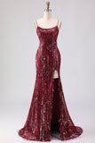 Sparkly Burgundy Mermaid Sequins Long Prom Dress with Tassels