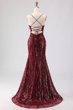 Sparkly Burgundy Mermaid Sequins Long Prom Dress with Tassels