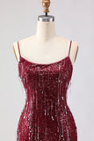 Sparkly Burgundy Mermaid Sequins Long Prom Dress with Tassels