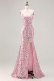 Sparkly Pink Sequin Mermaid Long Prom Dress with Slit