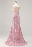 Sparkly Pink Sequin Mermaid Long Prom Dress with Slit