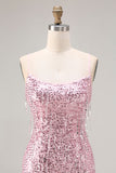 Sparkly Pink Sequin Mermaid Long Prom Dress with Slit