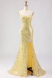 Sparkly Yellow Sequin Spaghetti Straps Maxi Prom Dress with Slit