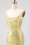 Sparkly Yellow Sequin Spaghetti Straps Maxi Prom Dress with Slit
