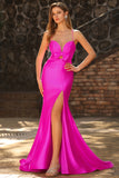 Fuchsia Satin Spaghetti Straps Mermaid Long Prom Dress with Slit