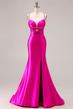 Fuchsia Satin Spaghetti Straps Mermaid Long Prom Dress with Slit