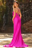 Fuchsia Satin Spaghetti Straps Mermaid Long Prom Dress with Slit