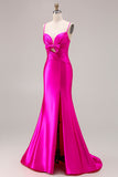 Fuchsia Satin Spaghetti Straps Mermaid Long Prom Dress with Slit