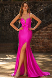 Fuchsia Satin Spaghetti Straps Mermaid Maxi Prom Dress with Bow