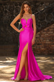 Fuchsia Satin Spaghetti Straps Mermaid Maxi Prom Dress with Bow