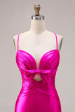 Fuchsia Satin Spaghetti Straps Mermaid Long Prom Dress with Slit