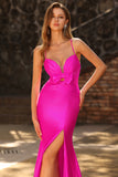 Fuchsia Satin Spaghetti Straps Mermaid Maxi Prom Dress with Bow