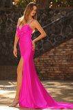 Fuchsia Satin Spaghetti Straps Mermaid Maxi Prom Dress with Bow