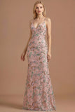 Blush Floral Mermaid Sparkly Spaghetti Straps Maxi Prom Dress