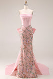 Sparkly Pink Lace Strapless Floral Long Mermaid Corset Prom Dress with Bow