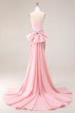 Sparkly Pink Lace Strapless Floral Long Mermaid Corset Prom Dress with Bow