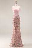 Sparkly Pink Lace Strapless Floral Long Mermaid Corset Prom Dress with Bow