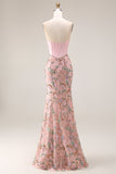 Sparkly Pink Lace Strapless Floral Long Mermaid Corset Prom Dress with Bow