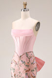 Sparkly Pink Lace Strapless Floral Long Mermaid Corset Prom Dress with Bow