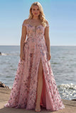 Blush Floral A Line Off the Shoulder Long Prom Dress with Sequins