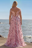 Blush Floral A Line Off the Shoulder Long Prom Dress with Sequins