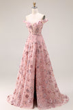 Blush Floral A Line Off the Shoulder Long Prom Dress with Sequins