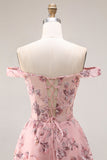 Blush Floral A Line Off the Shoulder Long Prom Dress with Sequins