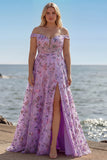 Blush Floral A Line Off the Shoulder Long Prom Dress with Sequins