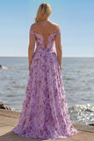 Blush Floral A Line Off the Shoulder Long Prom Dress with Sequins