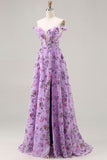 Floral Purple Sequin A Line Off the Shoulder Long Prom Dress with Slit