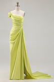 Green Sheath One Shoulder Long Prom Dress with Slit