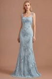 Light Blue Floral Appliqued Spaghetti Straps Mermaid Long Prom Dress