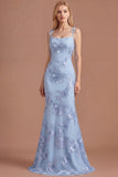 Light Blue Floral Appliqued Spaghetti Straps Mermaid Long Prom Dress