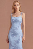 Light Blue Floral Appliqued Spaghetti Straps Mermaid Long Prom Dress