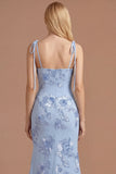 Light Blue Floral Appliqued Spaghetti Straps Mermaid Long Prom Dress