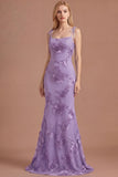 Light Blue Floral Appliqued Spaghetti Straps Mermaid Long Prom Dress