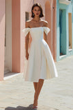 White Off the Shoulder Satin A Line Midi Engagement Dress